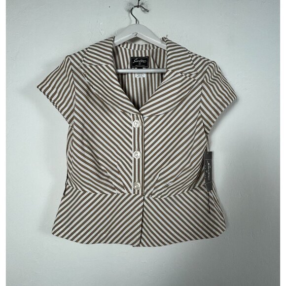 Sweet Suit Petite Womens Striped Button-Front Collared Top Size 14P Brown New - Picture 1 of 8